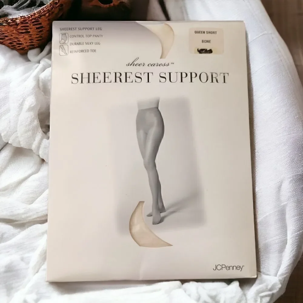 JCPenney Sheer Caress Pantyhose Stockings Sheerest Support Queen Short Bone NEW.